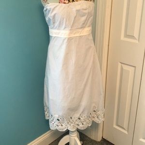 Strapless blue/white striped sundress